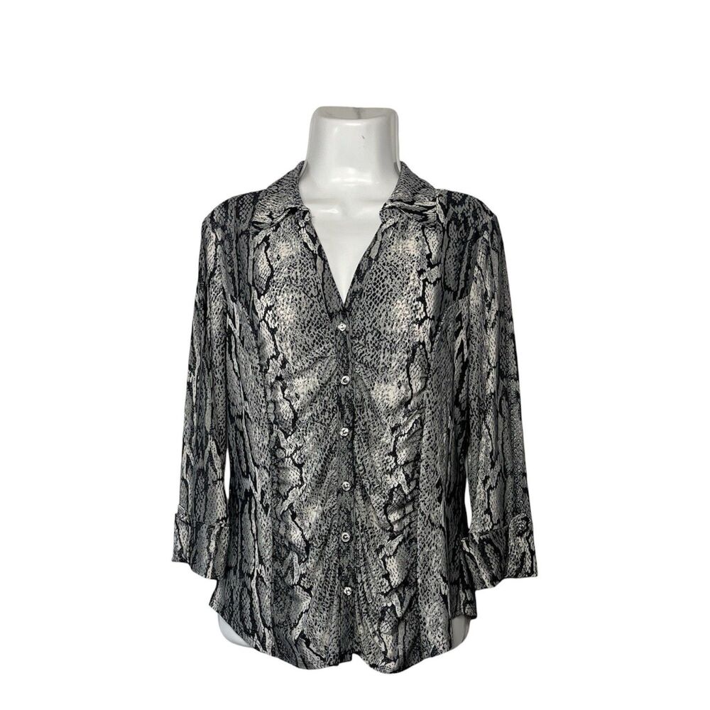 INC Snakeskin Top Blouse Button Down Ruched Large Grey 3/4 Sleeve Stretch Knit
